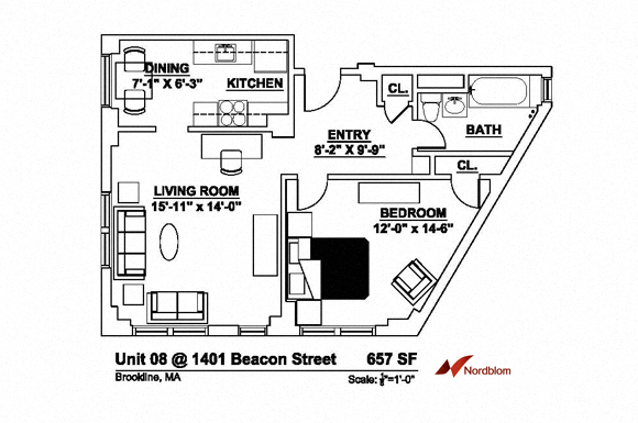 Floor plan for 1 bed, 1 bath, 657 sqft